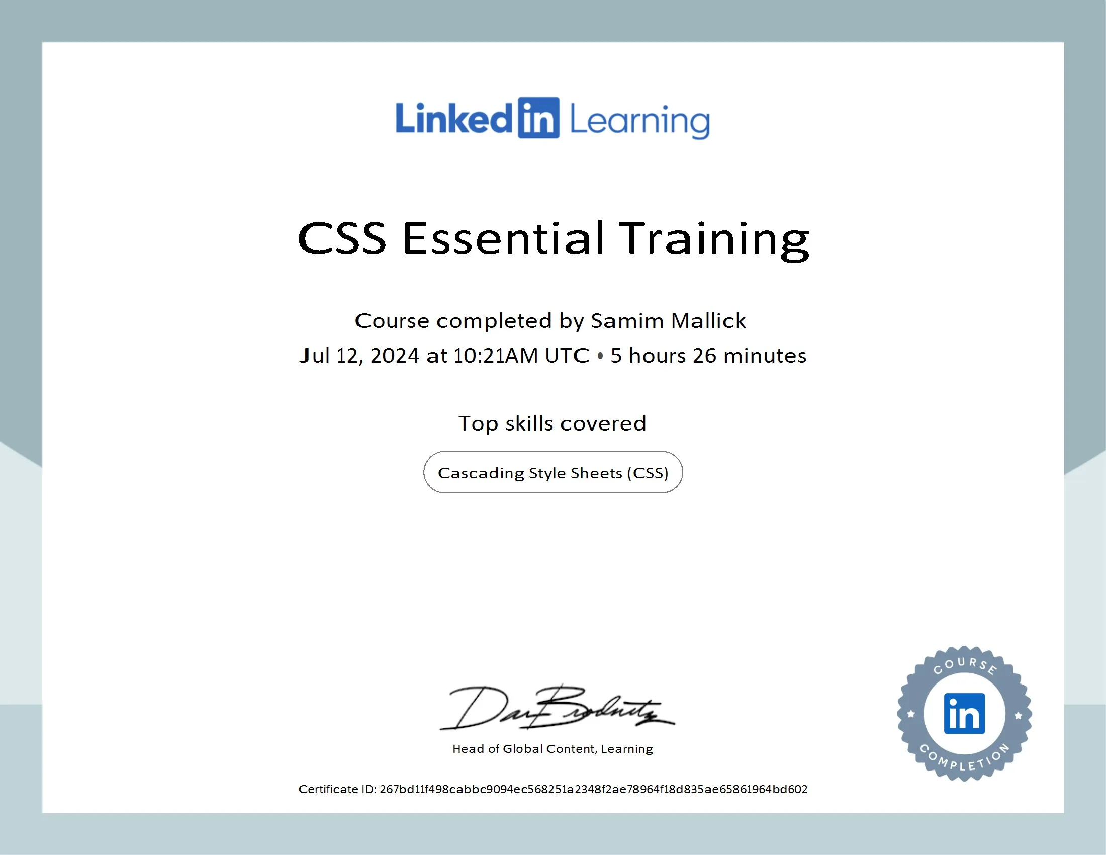 CertificateOfCompletion_CSS Essential Training conv 1
